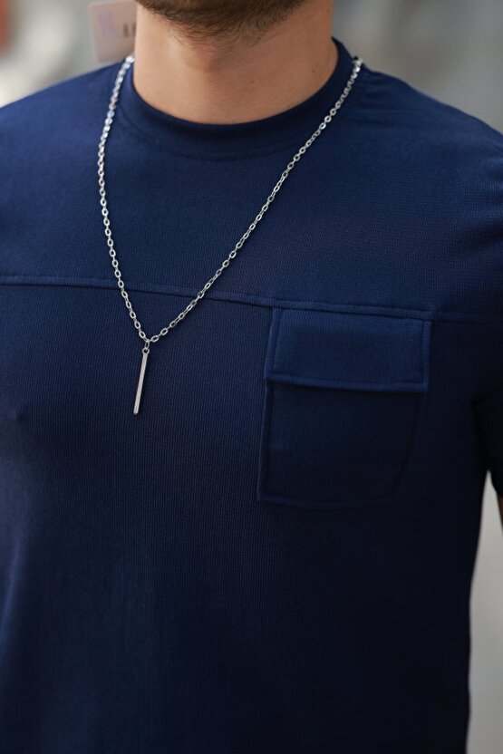 Gökyüzü Moda Erkek Cepli Kolyeli Kısa Kollu örme Kumaş Tişört