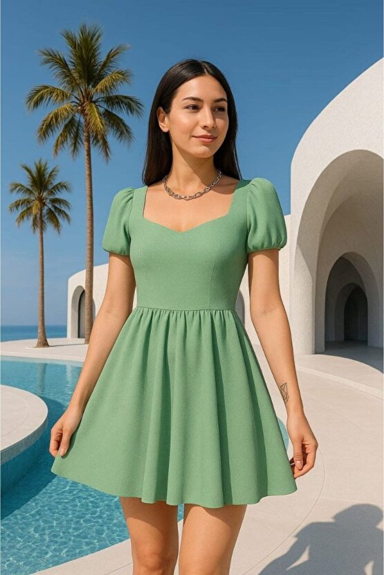 Gökyüzü Moda Kadın Dalgıç Kumaş Kalp Yaka Elbise