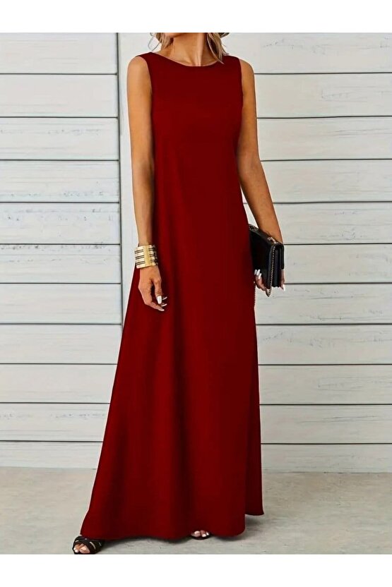 Gökyüzü Moda Kadın Kolsuz Kayık Yaka Maksi Janjan Krep Elbise