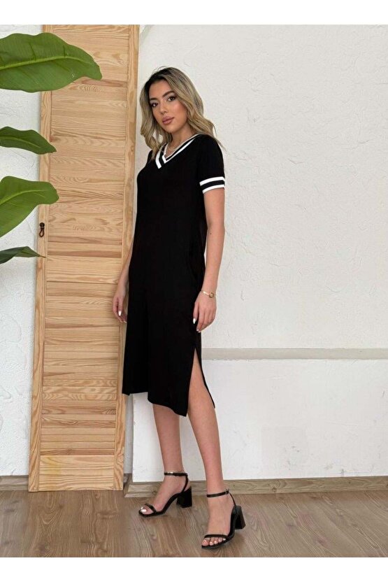 Kadın Kısa Kollu V Yaka Kol Ve Yaka Ribana Detay Midi Boy Viskon Elbise