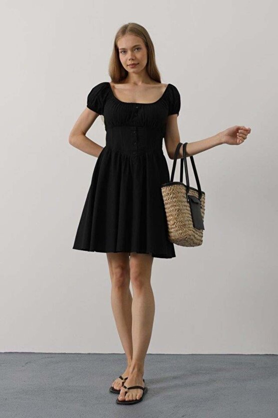 Beli Korseli Mini Elbise - Siyah