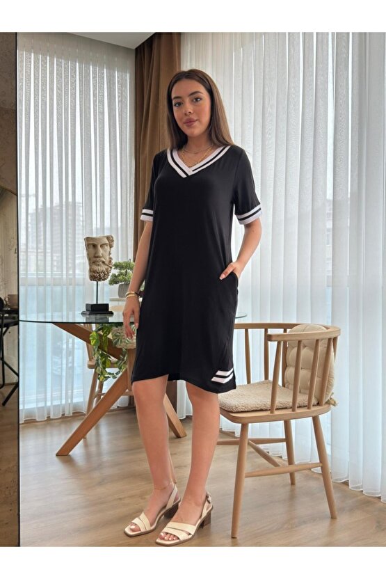 Gökyüzü Kadın Kısa Kollu V Yaka Ribana Detaylı Cepli Dizüstü Viskon Elbise