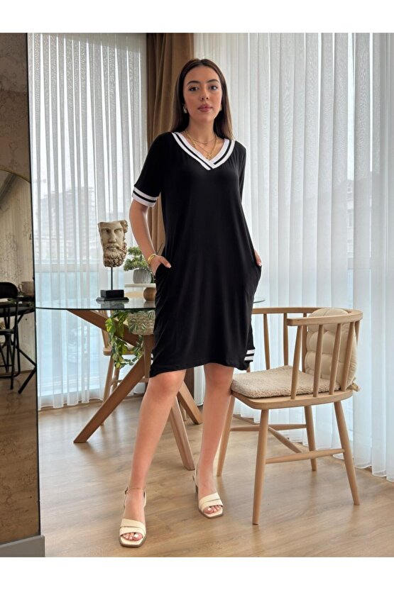 Gökyüzü Kadın Kısa Kollu V Yaka Ribana Detaylı Cepli Dizüstü Viskon Elbise