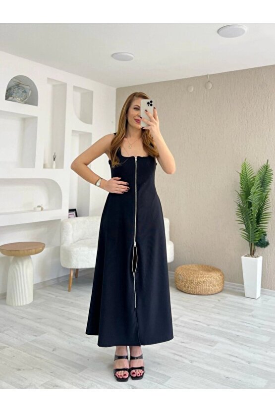 Gökyüzü Moda Kadın Askılı Kare Yaka önden Fermuarlı Geniş Kesim Janjan Krep Elbise