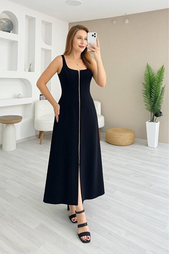 Gökyüzü Moda Kadın Askılı Kare Yaka önden Fermuarlı Geniş Kesim Janjan Krep Elbise