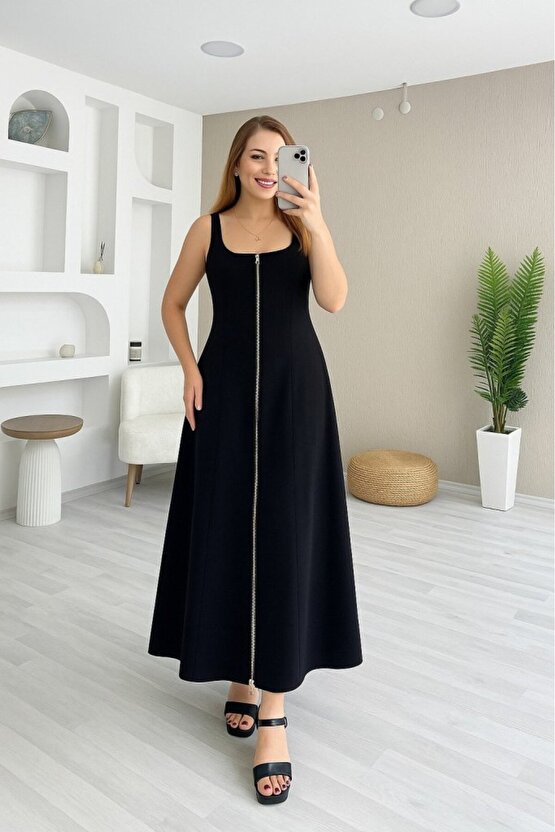 Gökyüzü Moda Kadın Askılı Kare Yaka önden Fermuarlı Geniş Kesim Janjan Krep Elbise