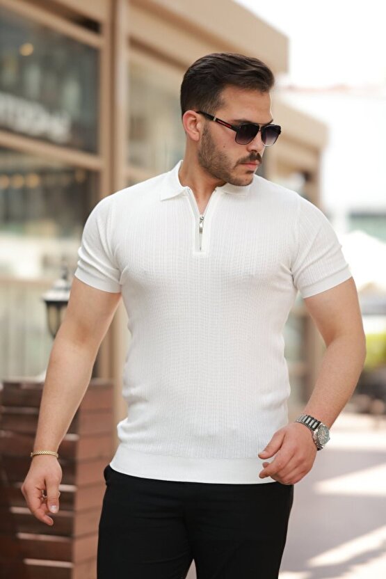 Gökyüzü Moda Erkek Fermuar Yakalı Kısa Kollu Tişört