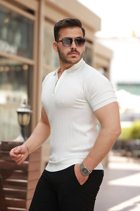 Gökyüzü Moda Erkek Fermuar Yakalı Kısa Kollu Tişört