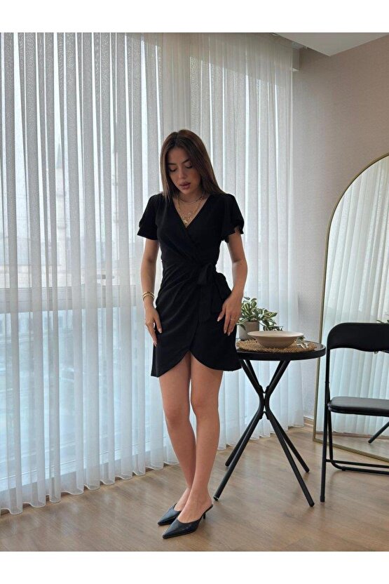 Kadın Kısa Kollu Kruvaze Yakalı Belden Bağlamalı Ithal Krep Elbise