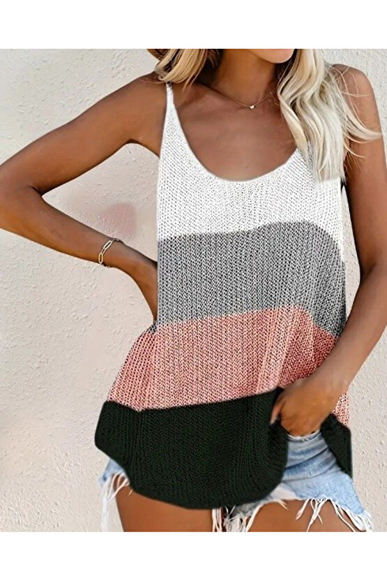 Gökyüzü Moda Kadın Askılı Yuvarlak Yaka Salaş Triko Bluz