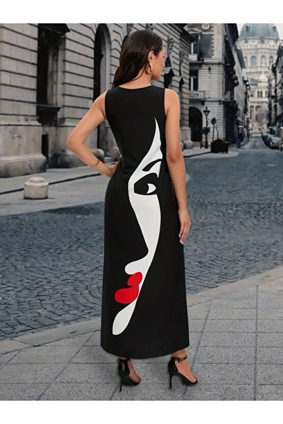Gökyüzü Moda Kadın Sıfır Kol V Yakalı Kadın Yüz Desenli Süprem Elbise