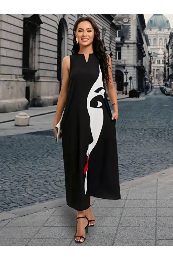Gökyüzü Moda Kadın Sıfır Kol V Yakalı Kadın Yüz Desenli Süprem Elbise