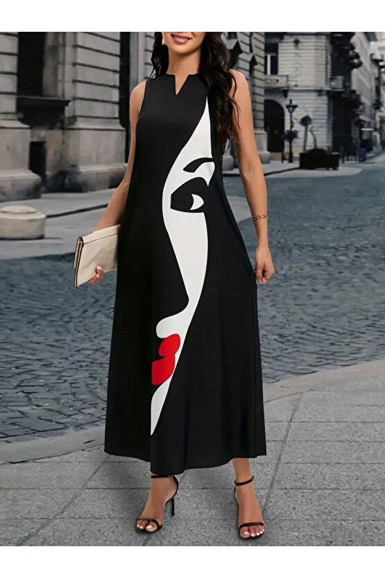 Gökyüzü Moda Kadın Sıfır Kol V Yakalı Kadın Yüz Desenli Süprem Elbise
