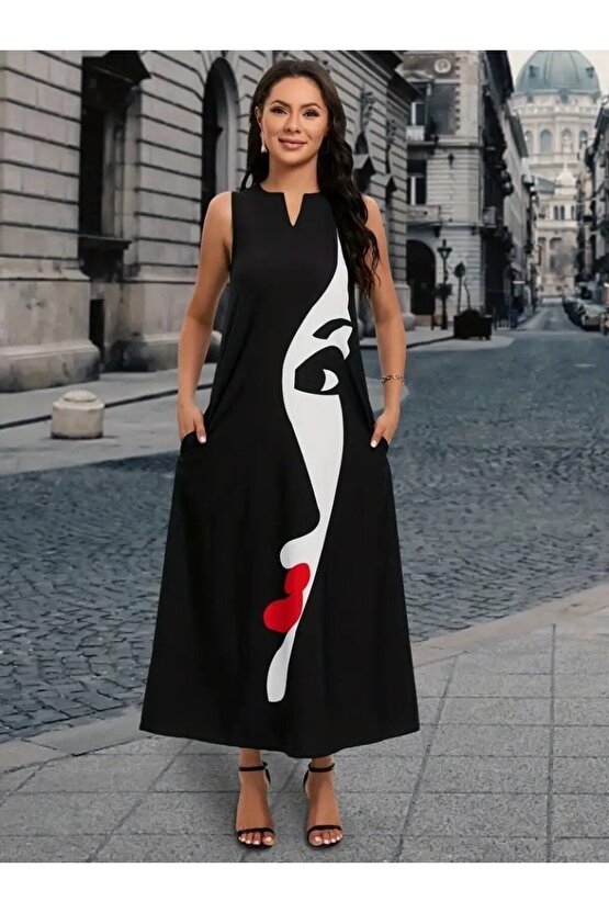 Gökyüzü Moda Kadın Sıfır Kol V Yakalı Kadın Yüz Desenli Süprem Elbise