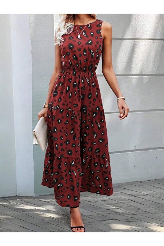 Gökyüzü Moda Kadın Kolsuz Bisiklet Yaka Beli Lastikli Desenli Süprem Elbise