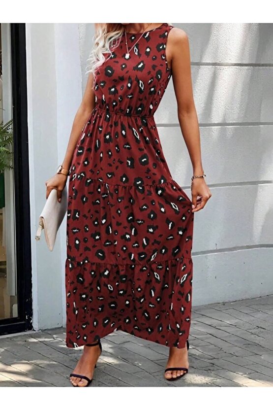 Gökyüzü Moda Kadın Kolsuz Bisiklet Yaka Beli Lastikli Desenli Süprem Elbise