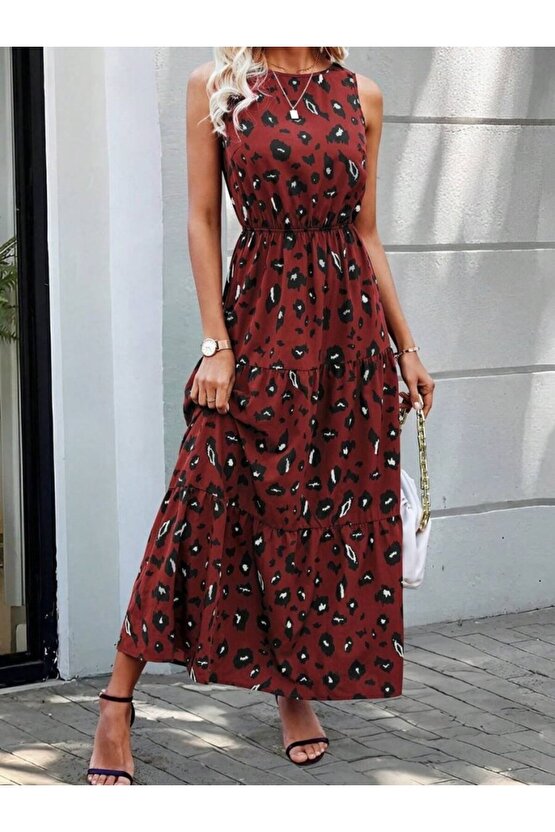 Gökyüzü Moda Kadın Kolsuz Bisiklet Yaka Beli Lastikli Desenli Süprem Elbise