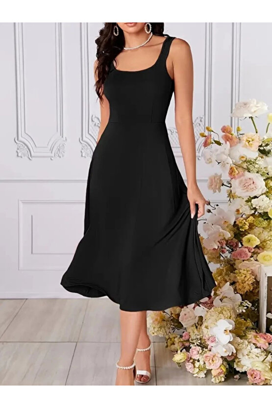 MDB Kadın Askılı Geometrik Yakalı Geniş Kesim Detaylı Ithal Krep Elbise