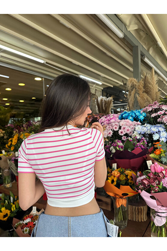 SMK Shop Fuşya Çizgili Manşetli T-Shirt