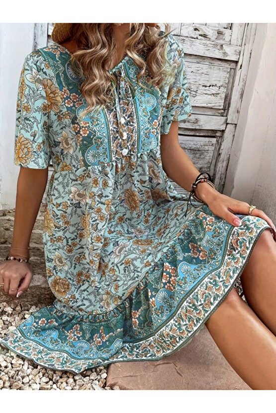 Gökyüzü Moda Kadın Kısa Kollu Yakası Bağcıklı önden Düğmeli Fırfır Desenli Süprem Elbise