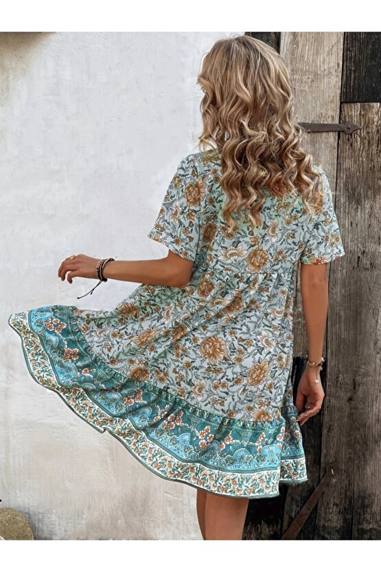 Gökyüzü Moda Kadın Kısa Kollu Yakası Bağcıklı önden Düğmeli Fırfır Desenli Süprem Elbise