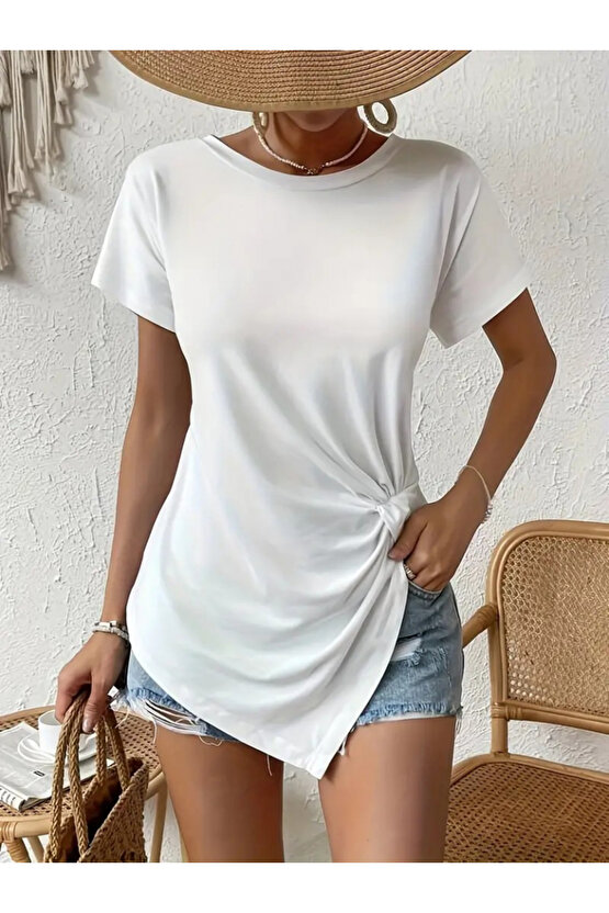 Gökyüzü Moda Kadın Kısa Kollu Asimetrik Kesim Bel Büzgü Düğüm Detay Viskon Bluz