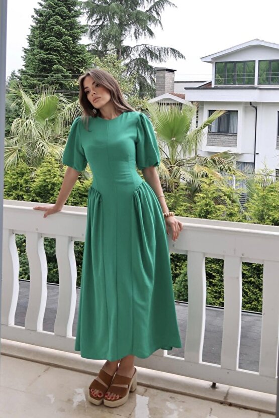 Gökyüzü Moda Yeşil Arkadan Bağlamalı Büzgülü Keten Elbise