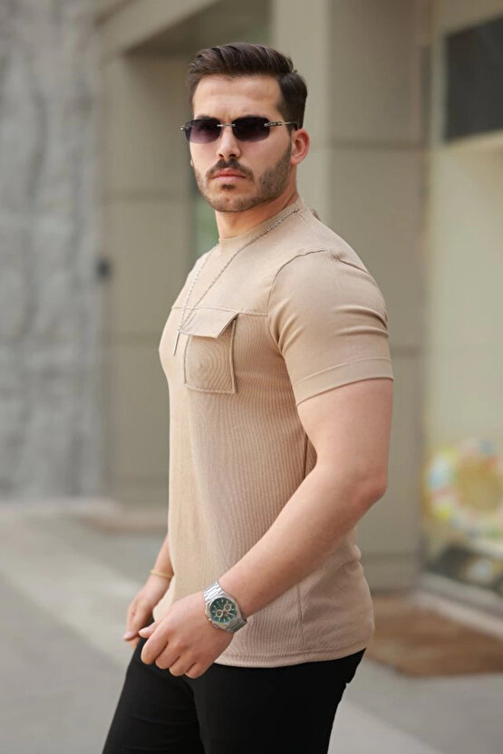 Erkek Cepli Kolyeli Kısa Kollu örme Kumaş Tişört