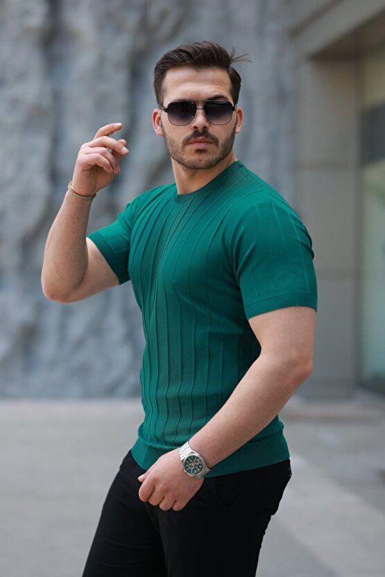 Gökyüzü Moda Erkek Kısa Kollu Bisiklet Yaka çizgili Triko Tişört