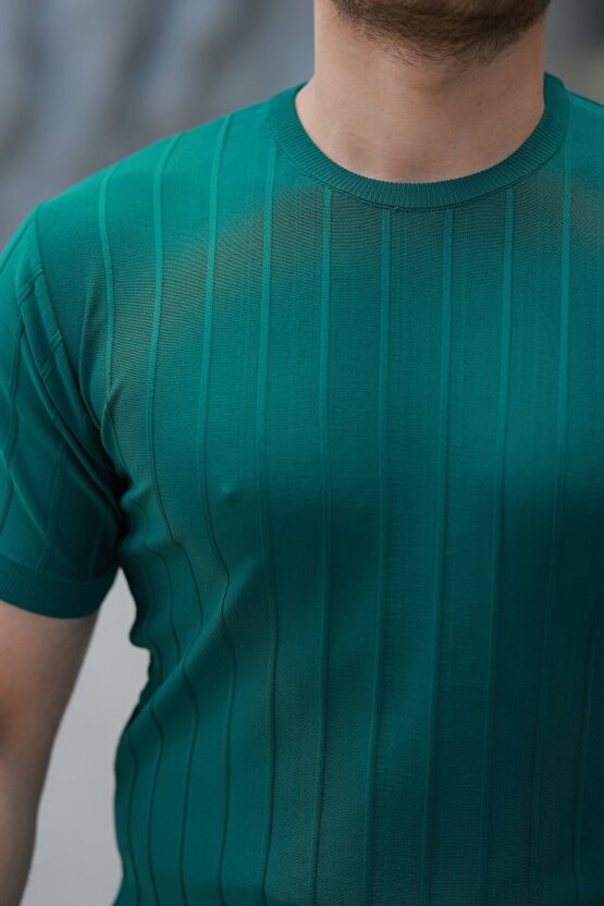 Gökyüzü Moda Erkek Kısa Kollu Bisiklet Yaka çizgili Triko Tişört