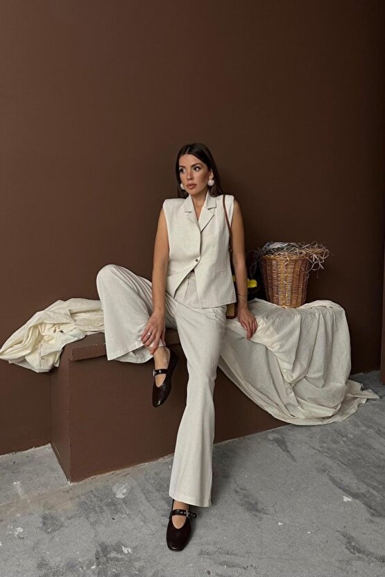 Gökyüzü Bej Keten Yelek Pantolon Takım