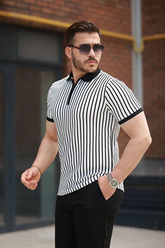 Erkek çizgili Fermuar Yakalı Kısa Kollu Tişört