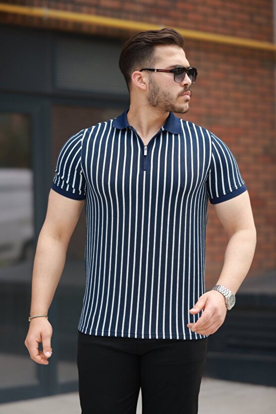 Gökyüzü Moda Erkek çizgili Fermuar Yakalı Kısa Kollu Tişört