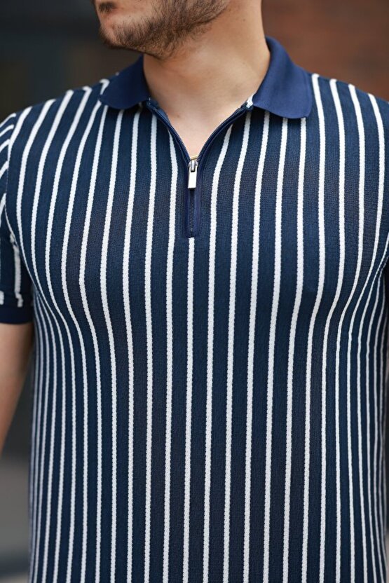 Gökyüzü Moda Erkek çizgili Fermuar Yakalı Kısa Kollu Tişört