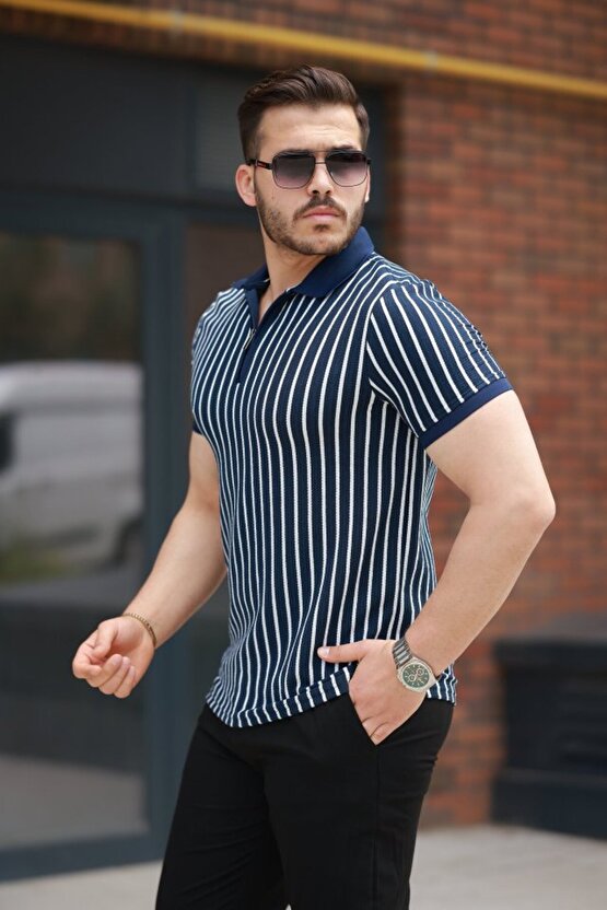 Gökyüzü Moda Erkek çizgili Fermuar Yakalı Kısa Kollu Tişört