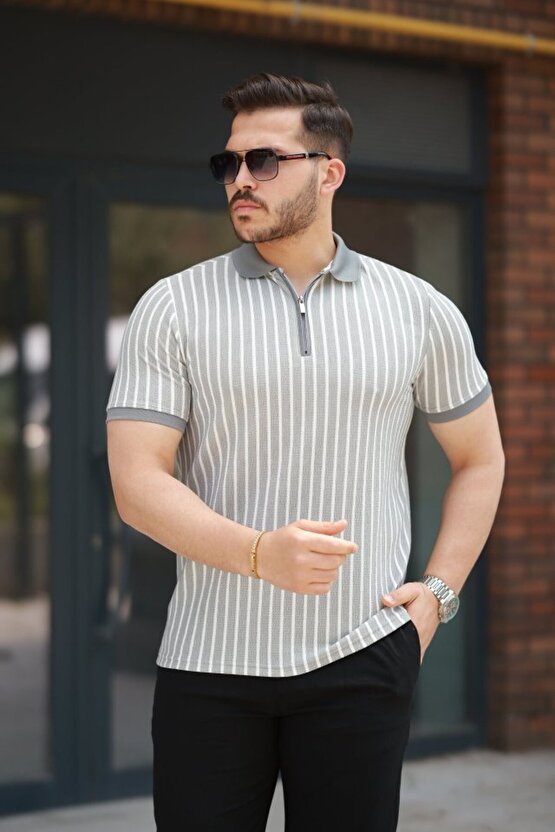 Gökyüzü Moda Erkek çizgili Fermuar Yakalı Kısa Kollu Tişört