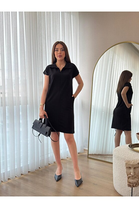 Gökyüzü Moda Kadın Kısa Kollu Yakalı Viskon Iki Iplik Elbise