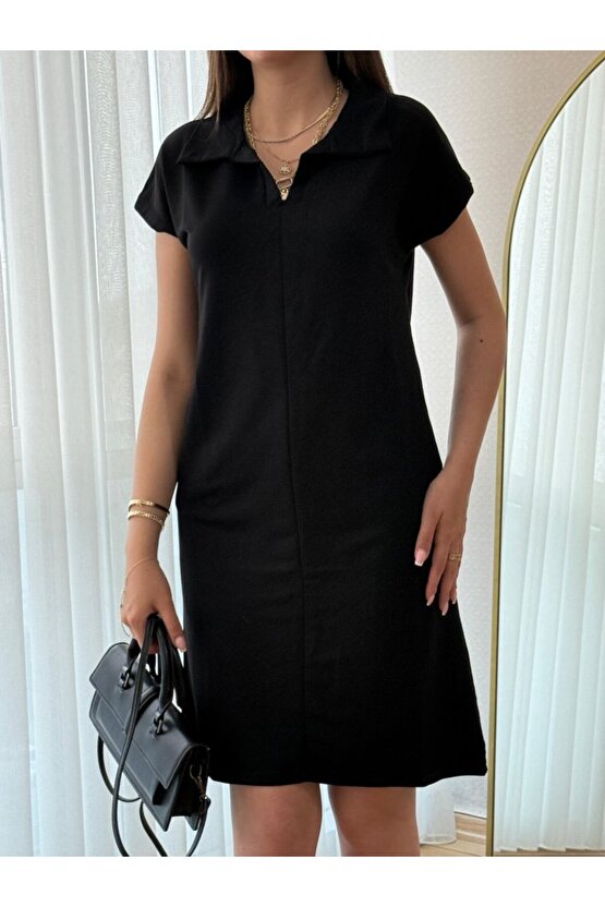 Gökyüzü Moda Kadın Kısa Kollu Yakalı Viskon Iki Iplik Elbise