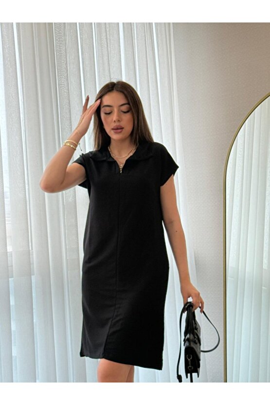 Gökyüzü Moda Kadın Kısa Kollu Yakalı Viskon Iki Iplik Elbise