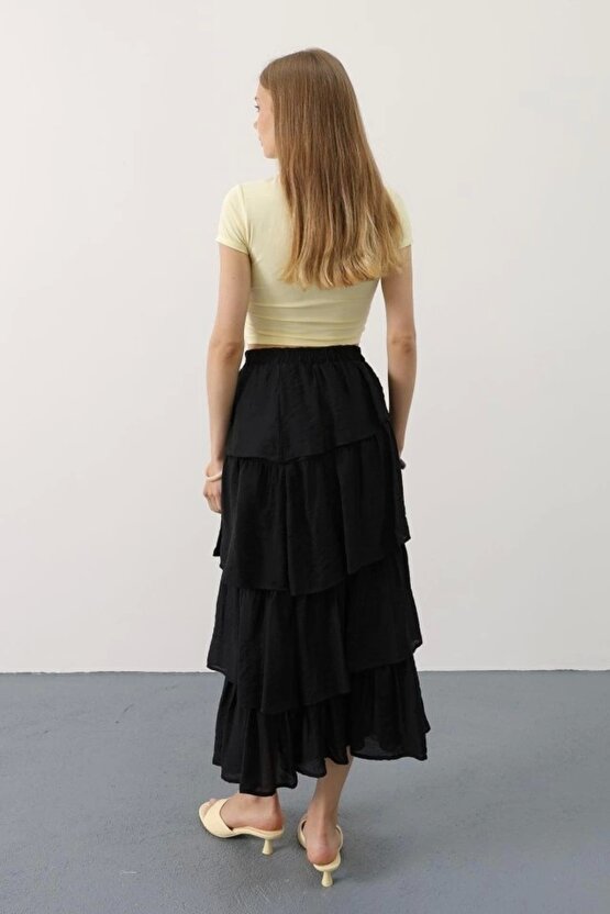 Katlı Kesim Uzun Etek - Siyah