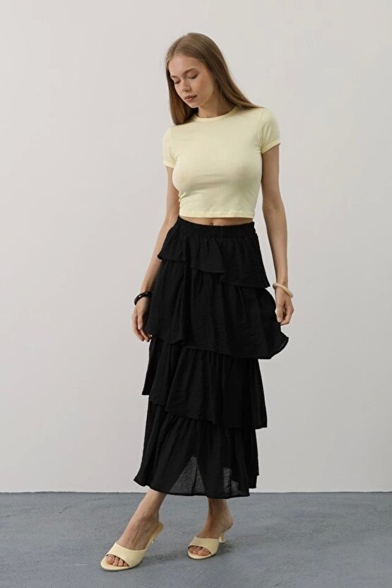 Katlı Kesim Uzun Etek - Siyah