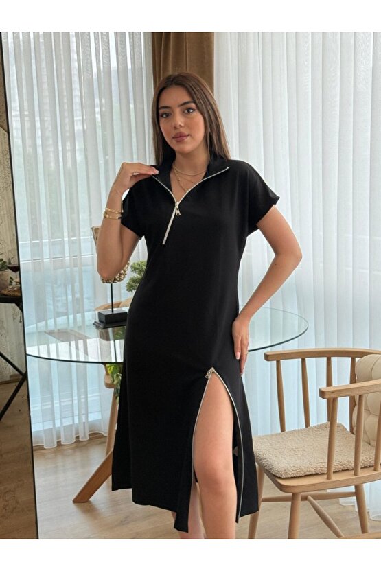 Gökyüzü Moda Kadın Kısa Kollu Yakadan Ve Etekten Fermuarlı Midi Viskon Iki Iplik Elbise