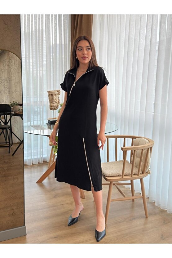 Gökyüzü Moda Kadın Kısa Kollu Yakadan Ve Etekten Fermuarlı Midi Viskon Iki Iplik Elbise