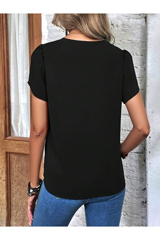 Gökyüzü Kadın Kısa Kollu Lazer V Yakalı Ithal Krep Bluz