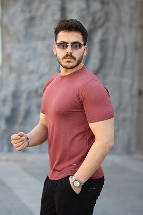 Gökyüzü Moda Erkek Viskon Kumaş Bisiklet Yaka Basic Tişört