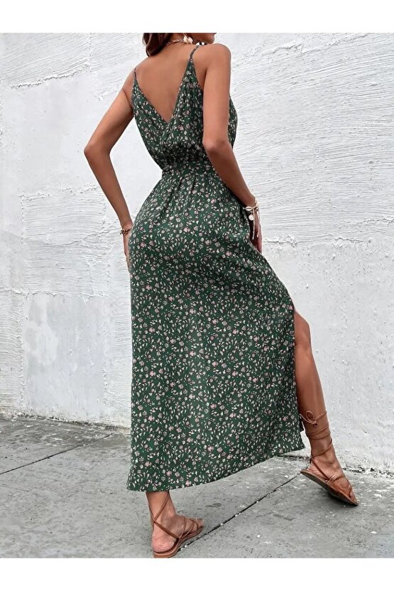 Gökyüzü Moda Kadın Ip Askılı Kruvaze Yakalı Yırtmaçlı Uzun Desenli Kuşaklı Süprem Elbise