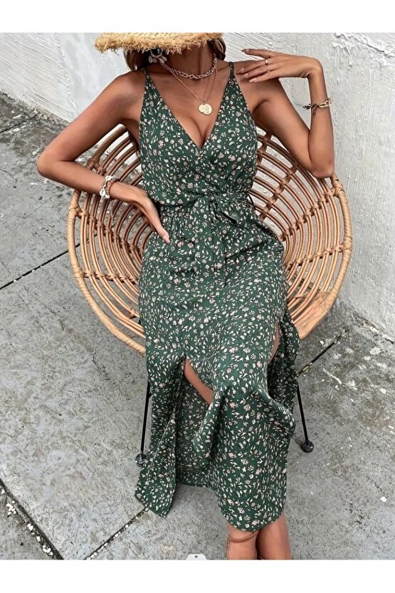 Gökyüzü Moda Kadın Ip Askılı Kruvaze Yakalı Yırtmaçlı Uzun Desenli Kuşaklı Süprem Elbise