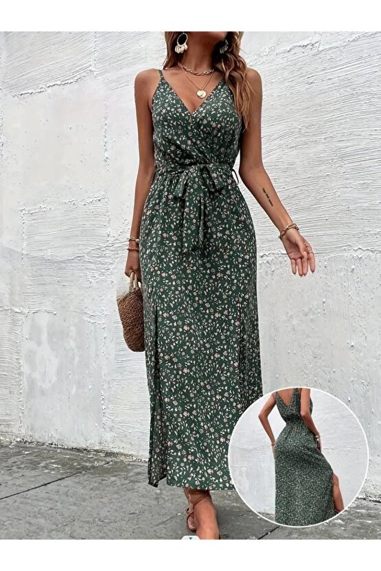 Gökyüzü Moda Kadın Ip Askılı Kruvaze Yakalı Yırtmaçlı Uzun Desenli Kuşaklı Süprem Elbise