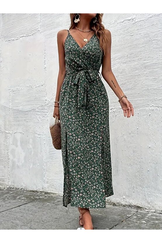 Gökyüzü Moda Kadın Ip Askılı Kruvaze Yakalı Yırtmaçlı Uzun Desenli Kuşaklı Süprem Elbise