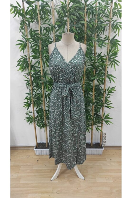Gökyüzü Moda Kadın Ip Askılı Kruvaze Yakalı Yırtmaçlı Uzun Desenli Kuşaklı Süprem Elbise
